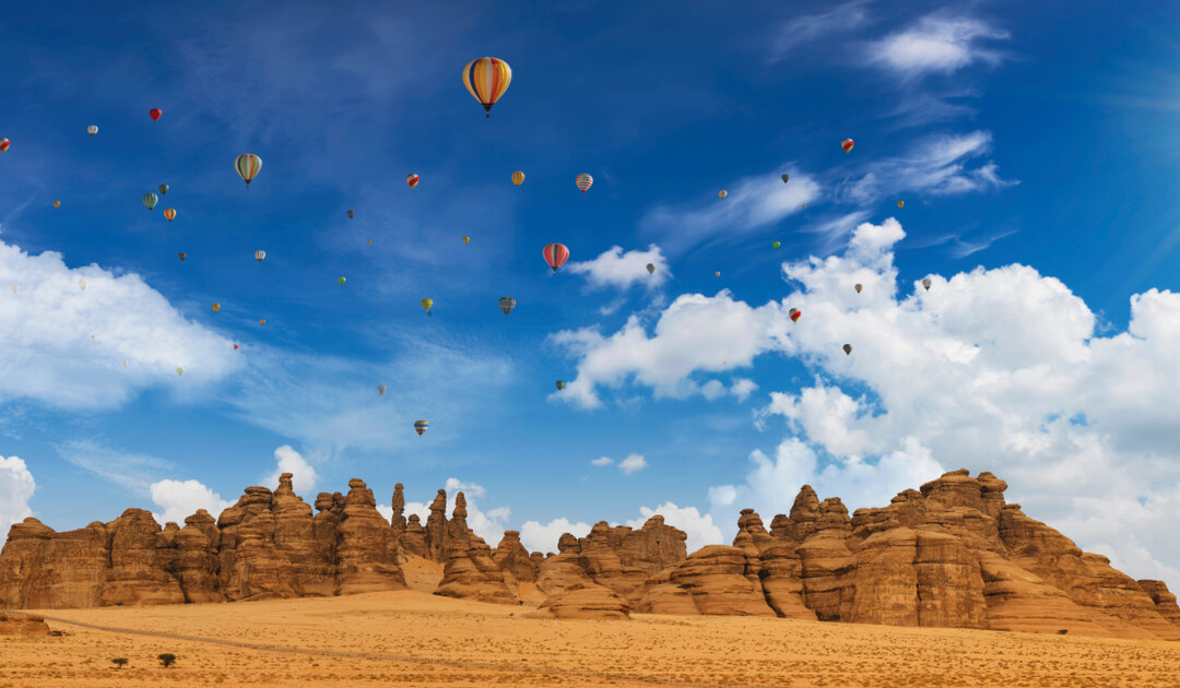 Outcrops near Mada'in Saleh during the Tantora Hot Air Balloon Festival, in Al Ula, Saudi Arabia. (Shutterstock)